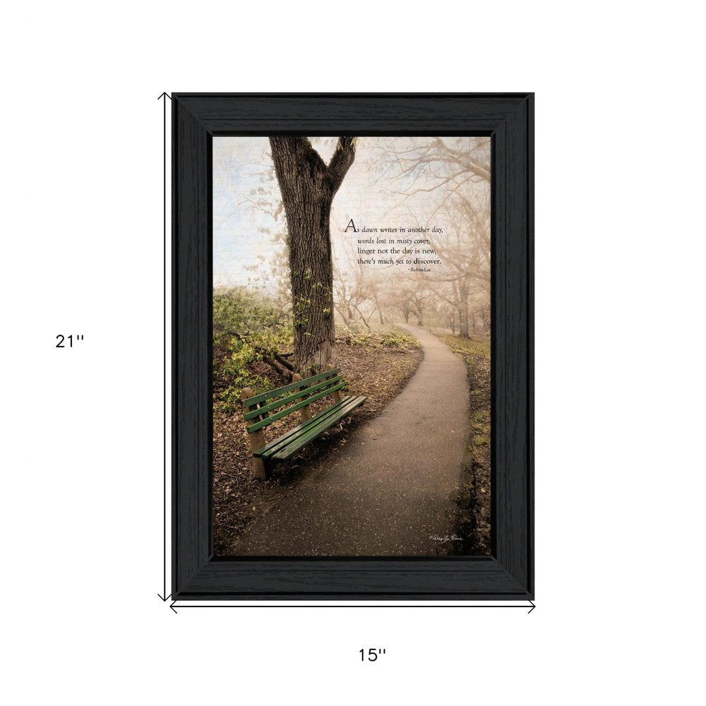 Framed photograph of a bench under a tree with a quote, dimensions indicated.