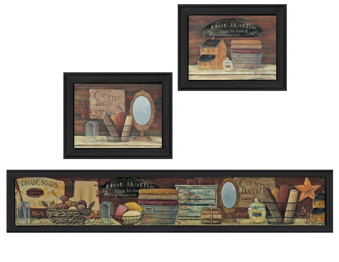 Set Of Three Country Bath Black Framed Print Bathroom Wall Art