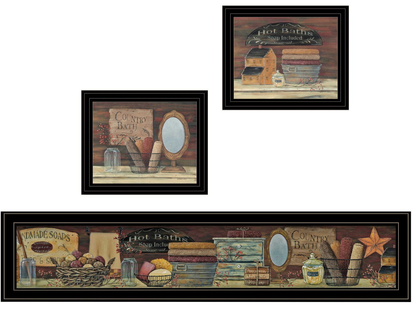 Set Of Three Country Bath Black Framed Print Bathroom Wall Art