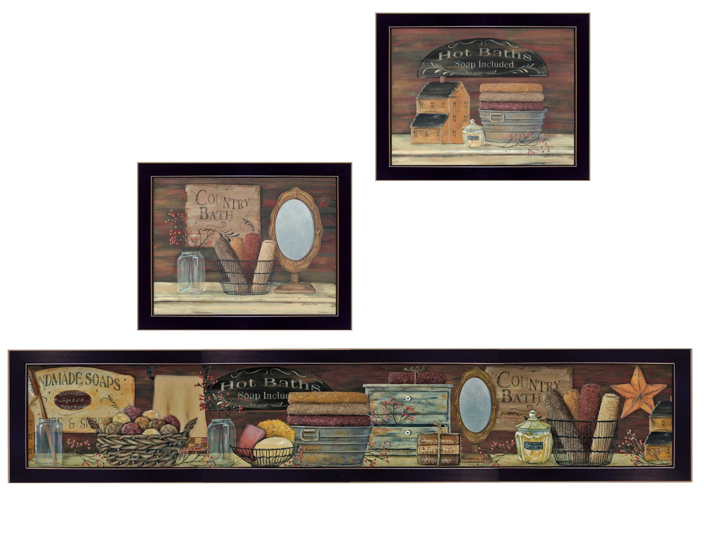 Set Of Three Country Bath 6 Black Framed Print Bathroom Wall Art