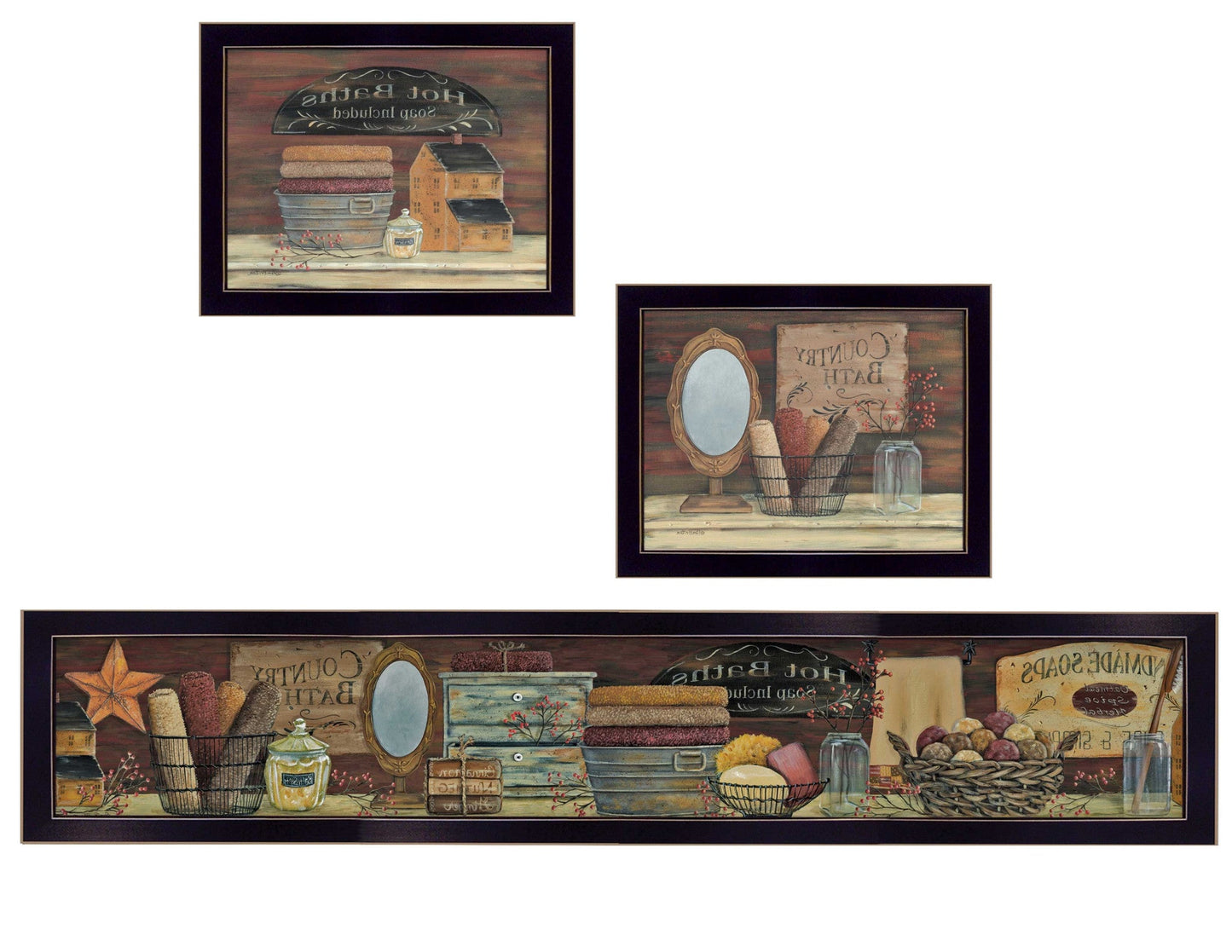 Set Of Three COUNTRY BATH II 6 Black Framed Print Bathroom Wall Art