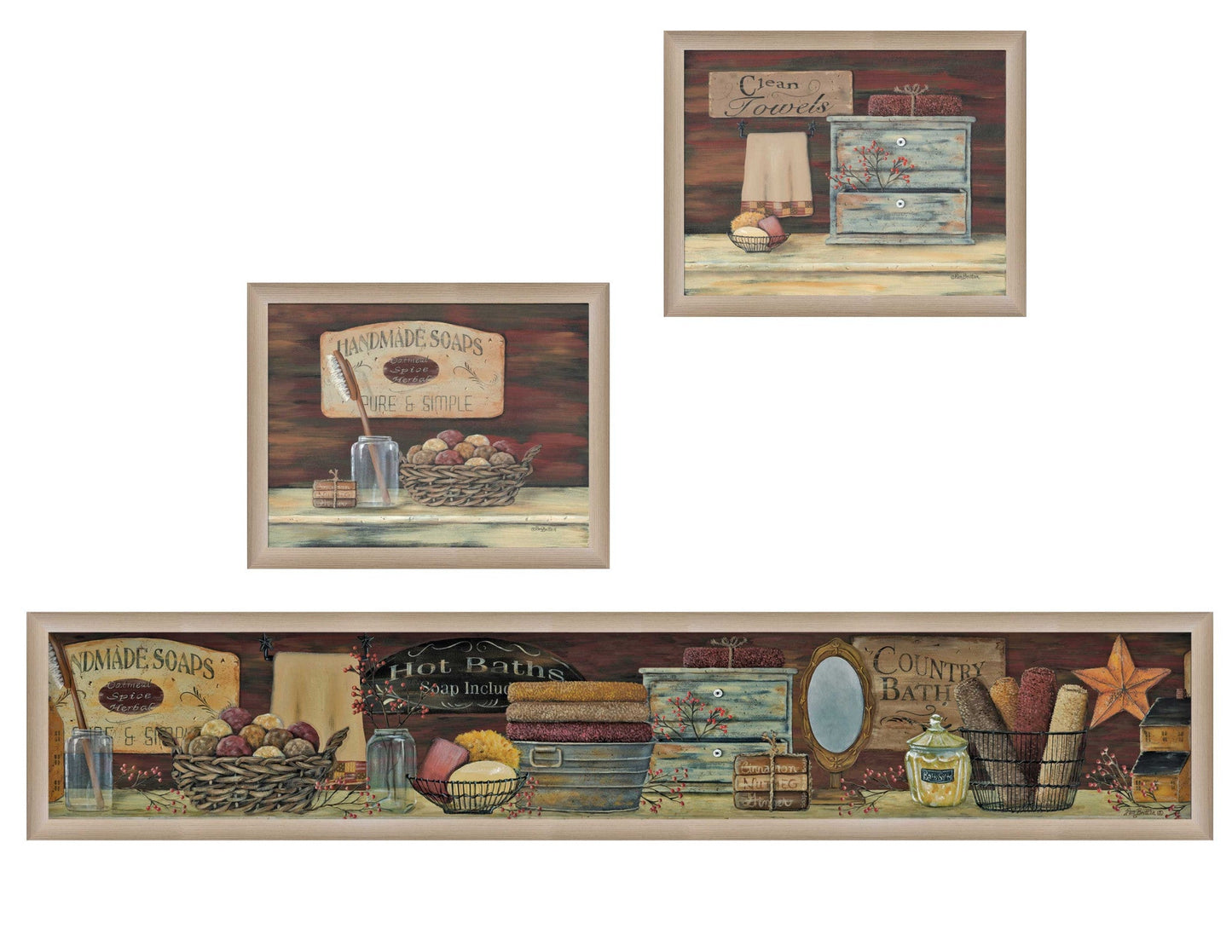 Set Of Three Country Bath 7 Brown Framed Print Bathroom Wall Art