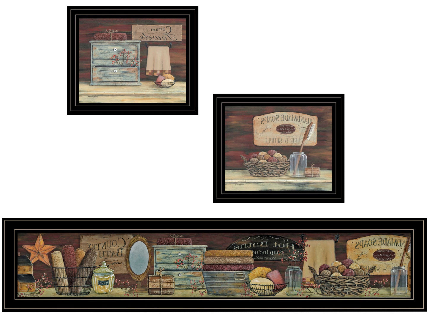 Set Of Three COUNTRY BATH II 8 Black Framed Print Bathroom Wall Art