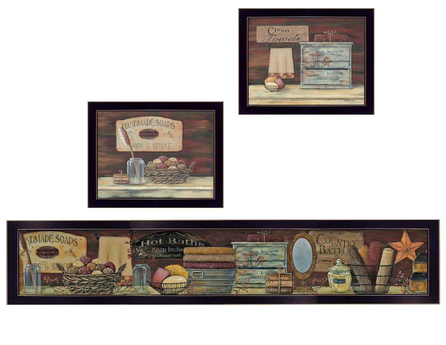 Set Of Three Country Bath 9 Black Framed Print Bathroom Wall Art