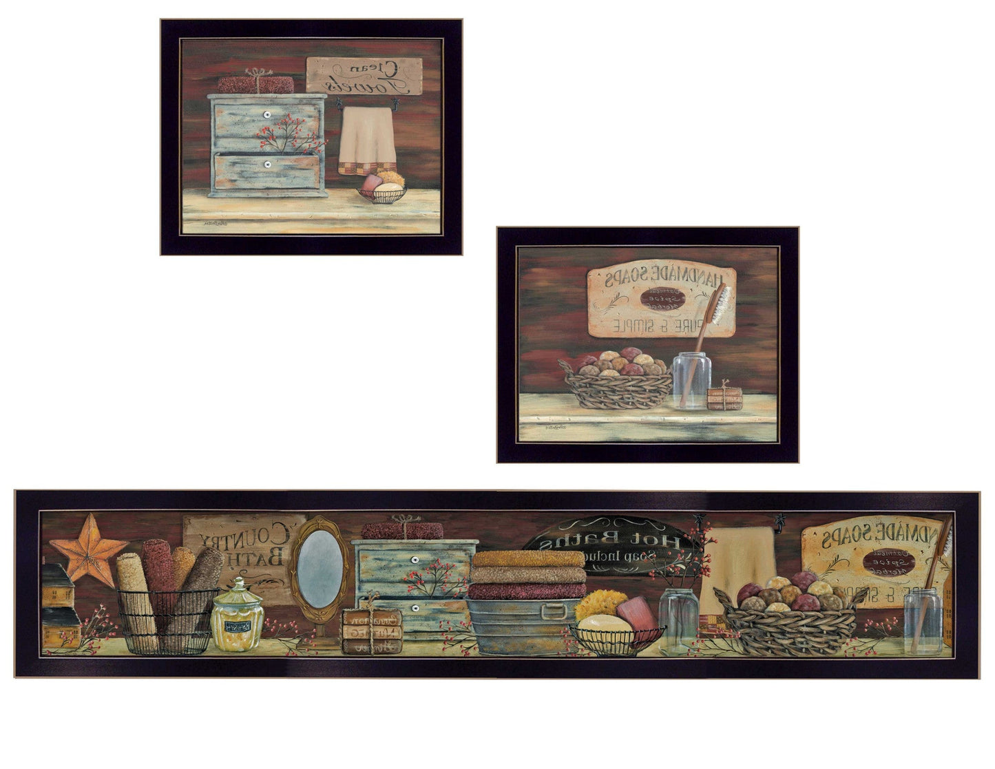 Set Of Three Country Bath 9 Black Framed Print Bathroom Wall Art