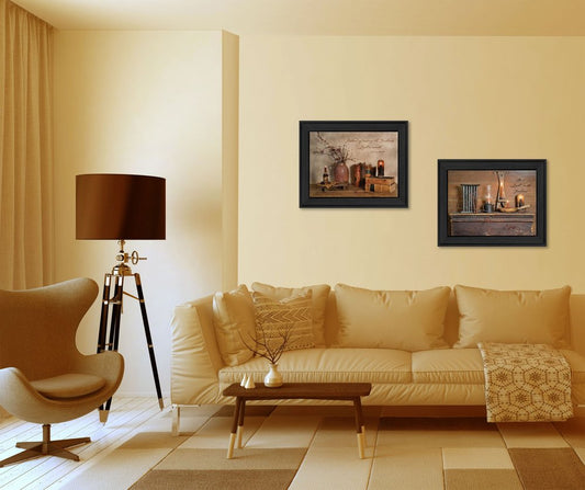 Living room with beige sofa, armchair, and framed pictures on the wall.