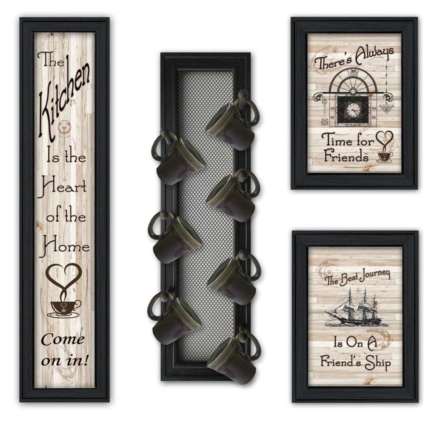Set Of Four Come On In 3 Black Framed Kitchen Wall Prints with Mug Rack