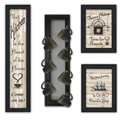 Set Of Four Come On In 3 Black Framed Kitchen Wall Prints with Mug Rack