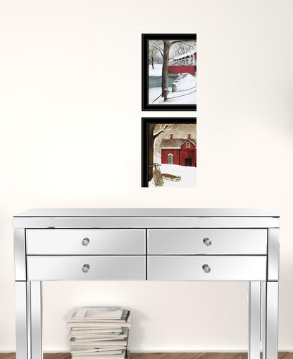 Set Of Two Crisp and New Fallen Snow Winter Barn Black Framed Prints Wall Art
