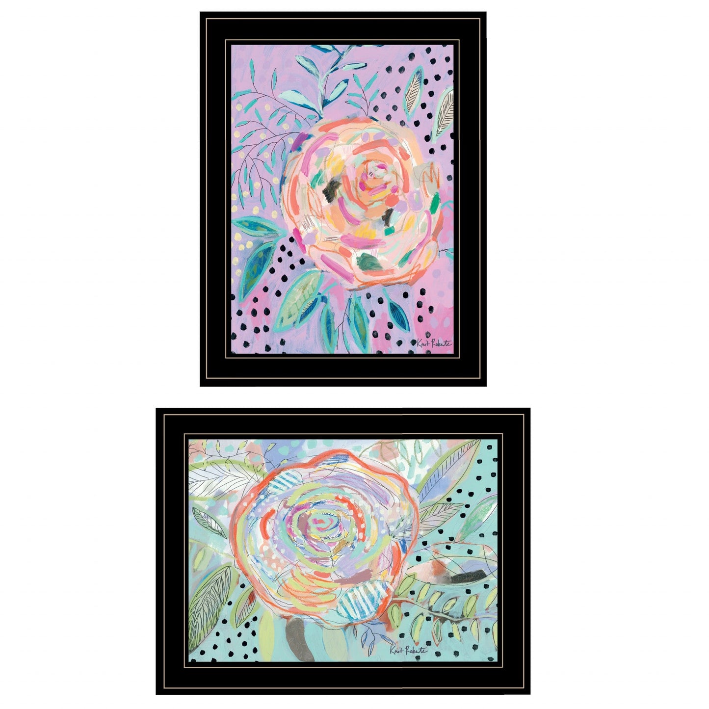 Set Of Two Colorful Big Bloom Abstract Flowers Black Framed Prints Wall Art