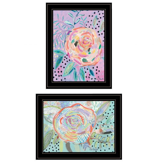 Set Of Two Colorful Big Bloom Abstract Flowers Black Framed Prints Wall Art
