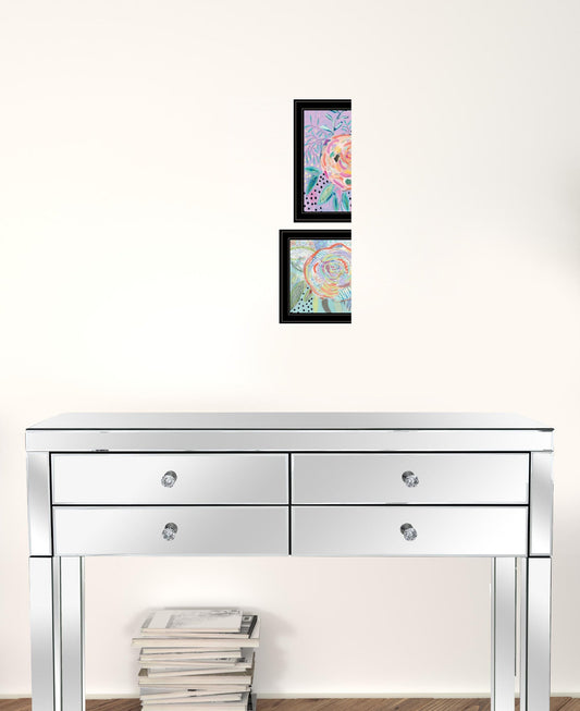 Set Of Two Colorful Big Bloom Abstract Flowers Black Framed Prints Wall Art