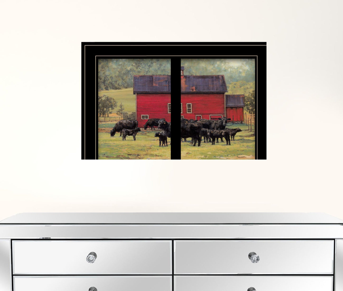 By The Red Barn Herd Of Angus 2 Black Framed Print Wall Art