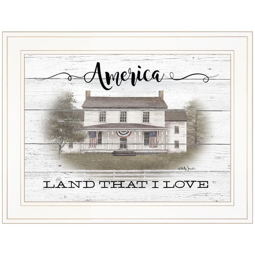 Framed artwork with a house and 'America Land That I Love' text on a white background