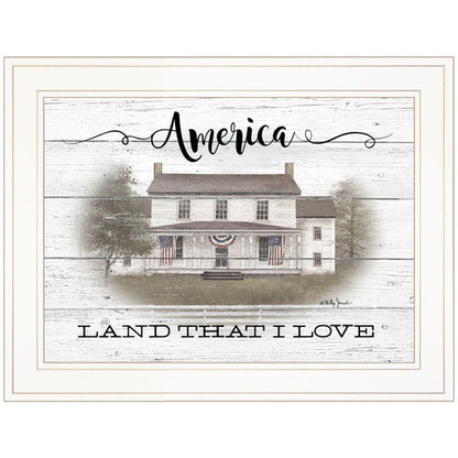 Framed artwork with a house and 'America Land That I Love' text on a white background