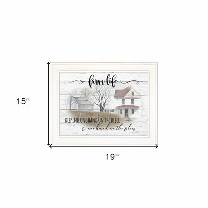 Framed print with a farmhouse scene and text, shown with dimensions on a white background.