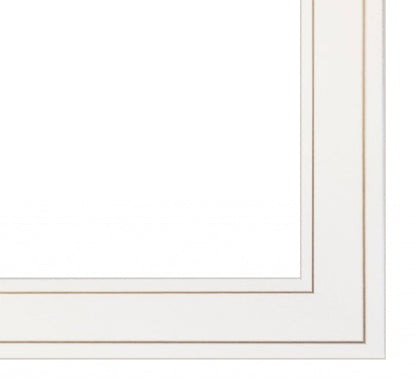 White picture frame with gold trim on a white background