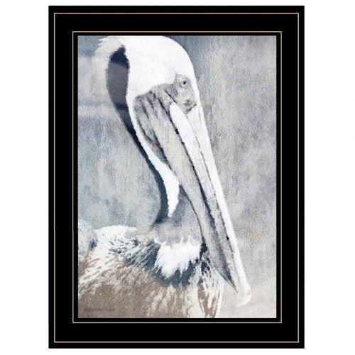 Framed artwork of a pelican on a textured gray background