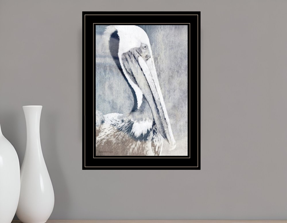 Framed artwork of a pelican on a gray wall with white vases.
