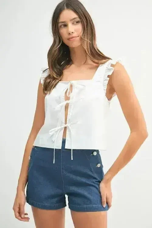 MABLE Poplin Ruffle Strap Front Self Tie Top