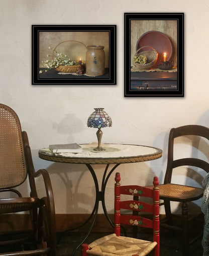 Set Of Two Candle Light and Flowers 2 Black Framed Print Wall Art