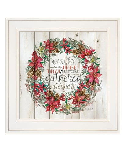 Decorative wall art with floral wreath and text on a wooden planks background