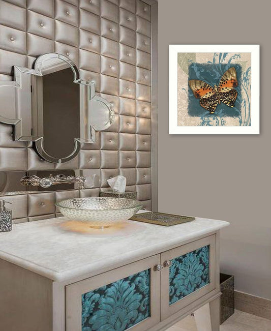 Bathroom vanity with decorative mirror and wall art featuring butterflies.