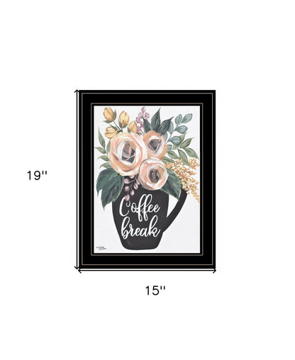 Framed artwork with floral design and 'Coffee Break' text, dimensions indicated.