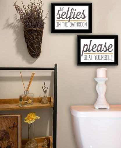 Set Of Two No Selfies When Seated 2 Black Framed Print Bathroom Wall Art