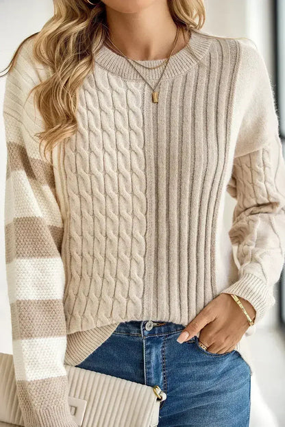 Khaki Cable Knit Colorblock Crew Neck Drop Shoulder Sweater