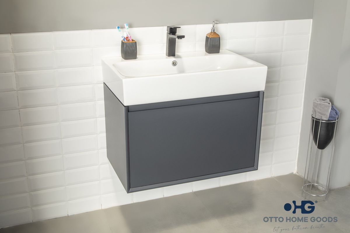 Gala 30" Dark Gray Floating Bathroom Vanity with Porcelain Top & Hidden Drawer