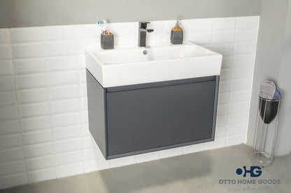 Gala 30" Dark Gray Floating Bathroom Vanity with Porcelain Top & Hidden Drawer