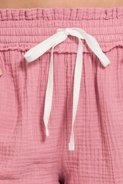 Zenana Double Gauze Elasticband Drawstring Waist Shorts in Rose