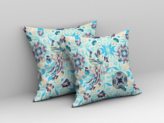 18" White Blue Peacock Indoor Outdoor Zip Throw Pillow