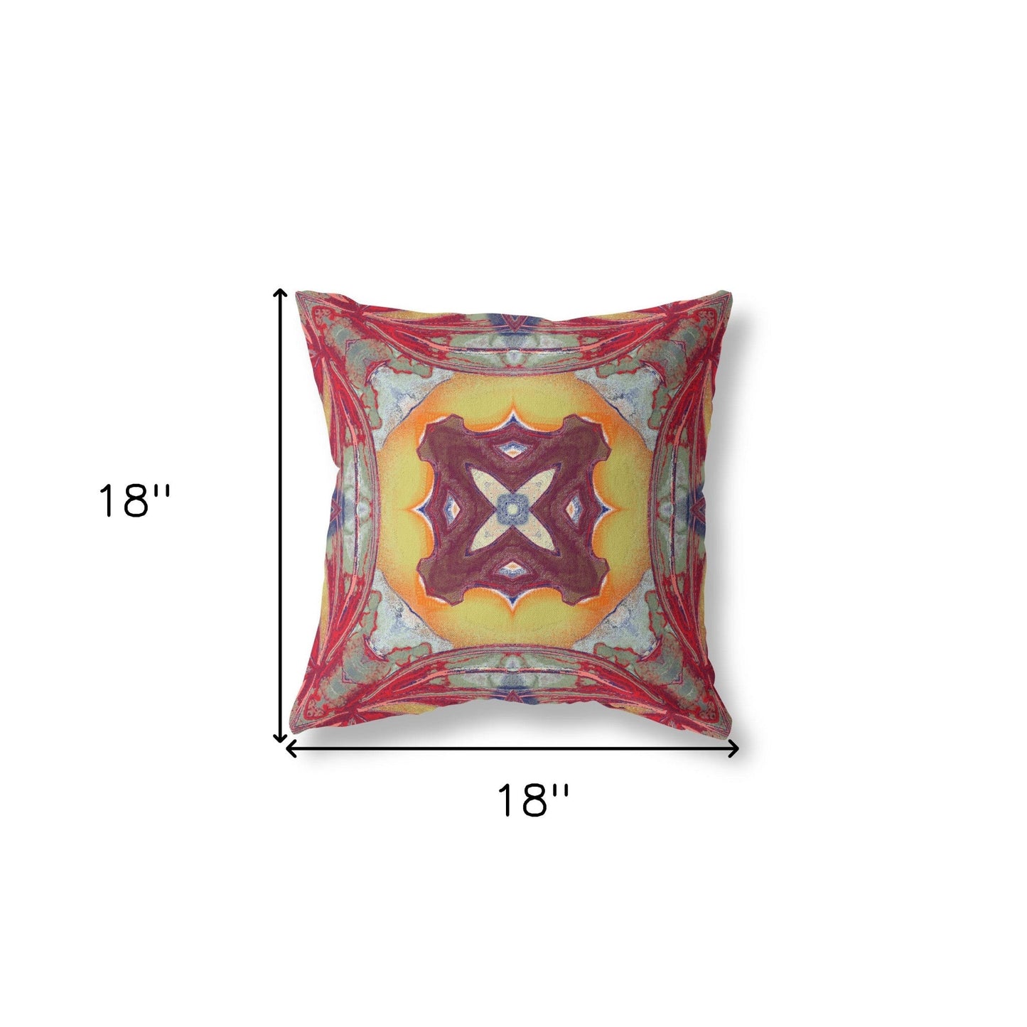 18” Red Yellow Geo Tribal Indoor Outdoor Throw Pillow