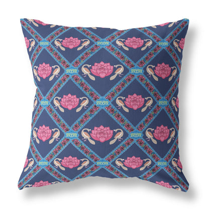 16" X 16" Indigo And Pink Blown Seam Geometric Indoor Outdoor Throw Pillow