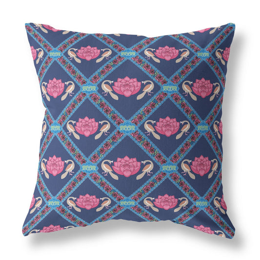 16" X 16" Indigo And Pink Blown Seam Geometric Indoor Outdoor Throw Pillow