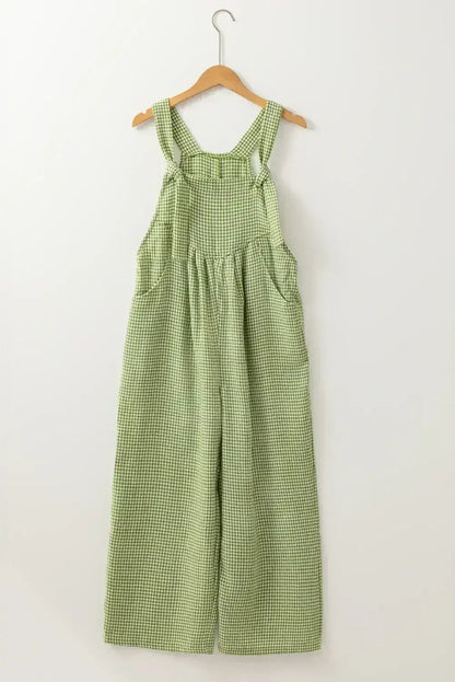 Green Gingham Wide Leg Pockets Loose Overall