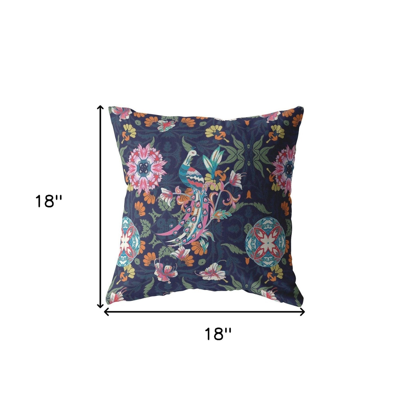 18" Navy Pink Peacock Indoor Outdoor Throw Pillow