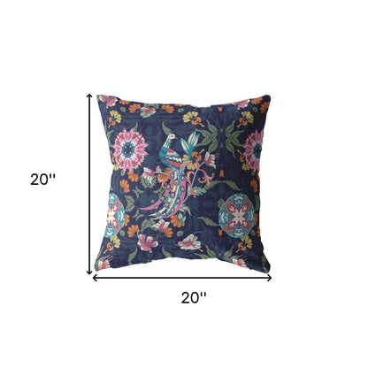 18" Navy Pink Peacock Indoor Outdoor Throw Pillow