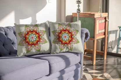 18" Orange Green Mandala Indoor Outdoor Throw Pillow