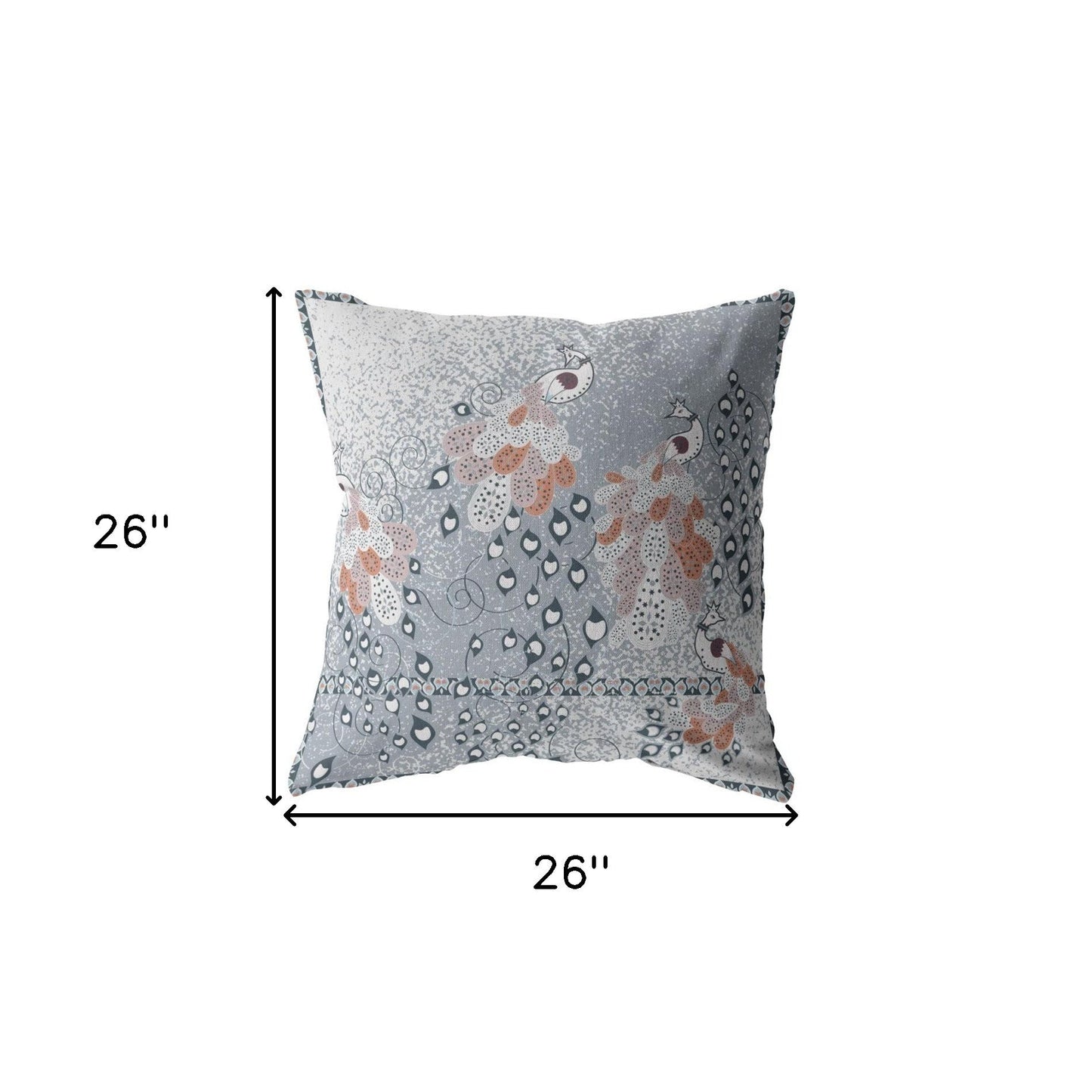 18” Gray Orange Boho Bird Indoor Outdoor Throw Pillow