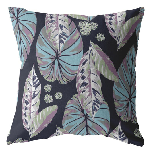 18” Blue Purple Tropical Leaf Indoor Outdoor Throw Pillow