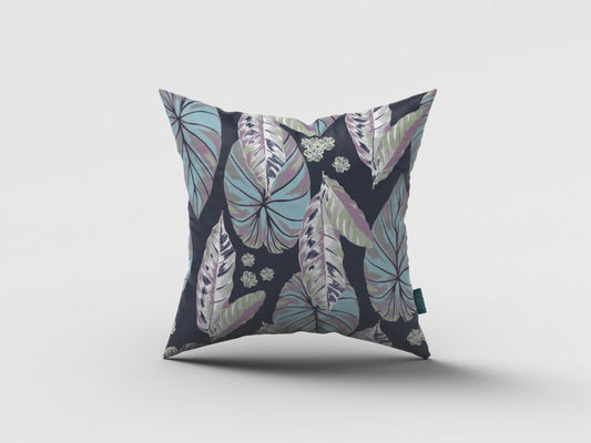 18” Blue Purple Tropical Leaf Indoor Outdoor Throw Pillow