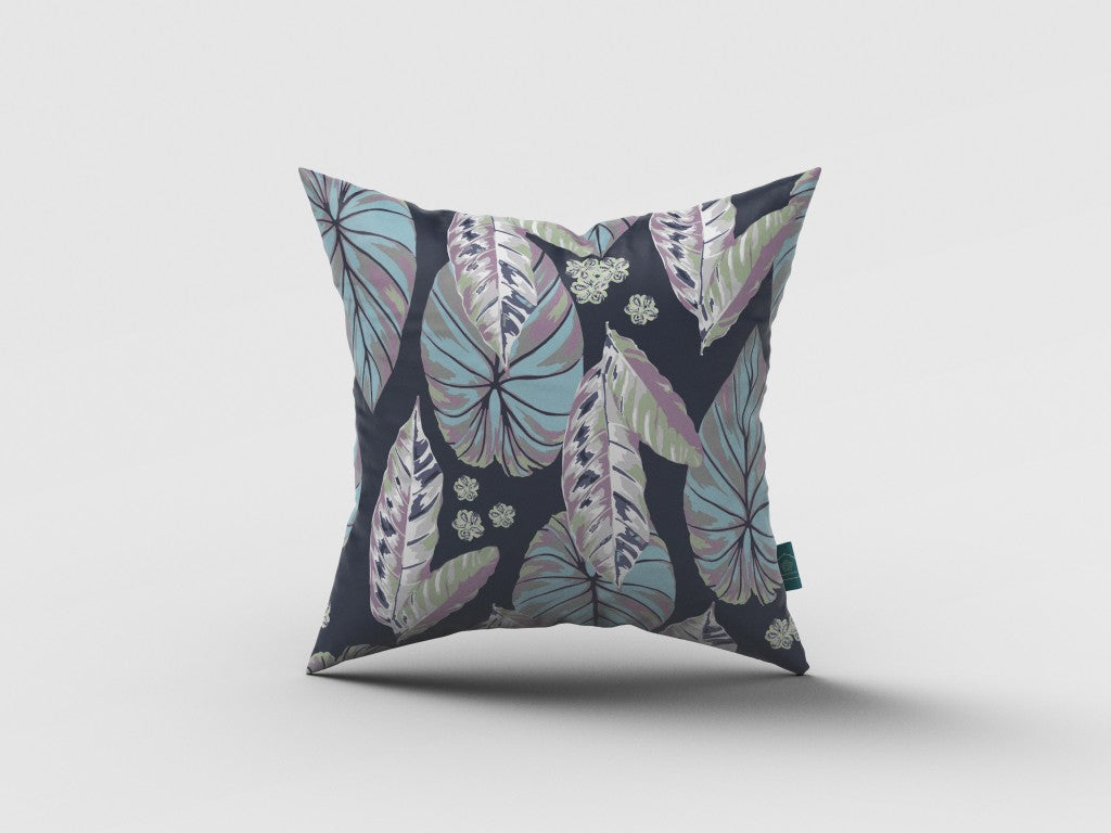 18” Blue Purple Tropical Leaf Indoor Outdoor Throw Pillow