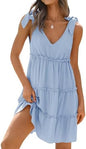 Sundresses - ZESICA Womens Summer Casual V Neck Sleeveless Mini Dress Tie Shoulder Tiered Ruffle Swing A Line Short Sundresses