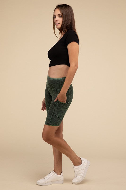 ZENANA Mineral Wash Wide Waistband Pocket Leggings