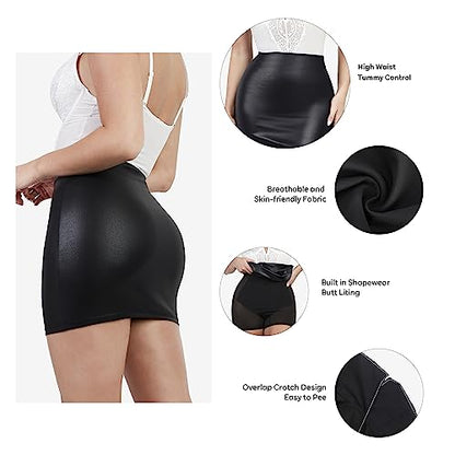 Popilush Shapewear Faux Leather Skirts with Built in Shapewear Tummy Control High Waist Mini Skirt with Shaper for Women