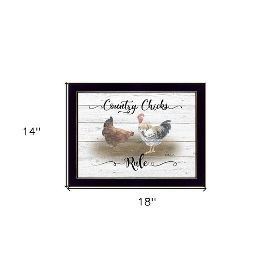 Framed artwork with chickens and text 'Country Chicks Rule' on a white background