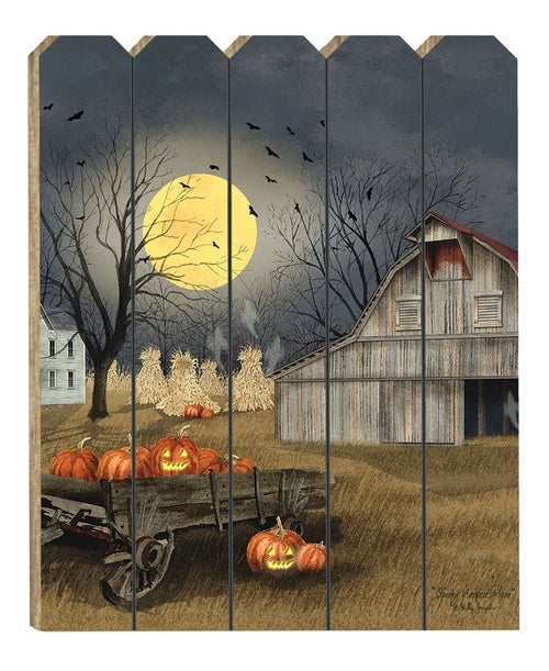 Painting of a barn, pumpkins, and a full moon on wooden panels.